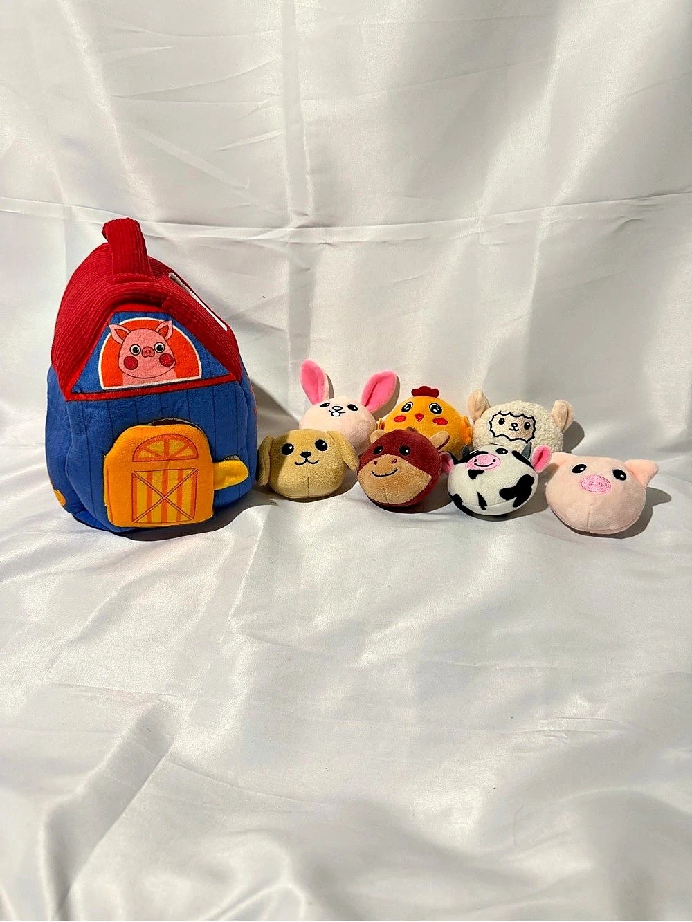 hahaland Surprise Barn Farm Animals Plush Playset Bag in Blue & Red